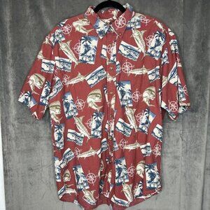 Button‎ Down Shirt XL 46-48 Short Sleeve Fishing Hawaiian Red Blue